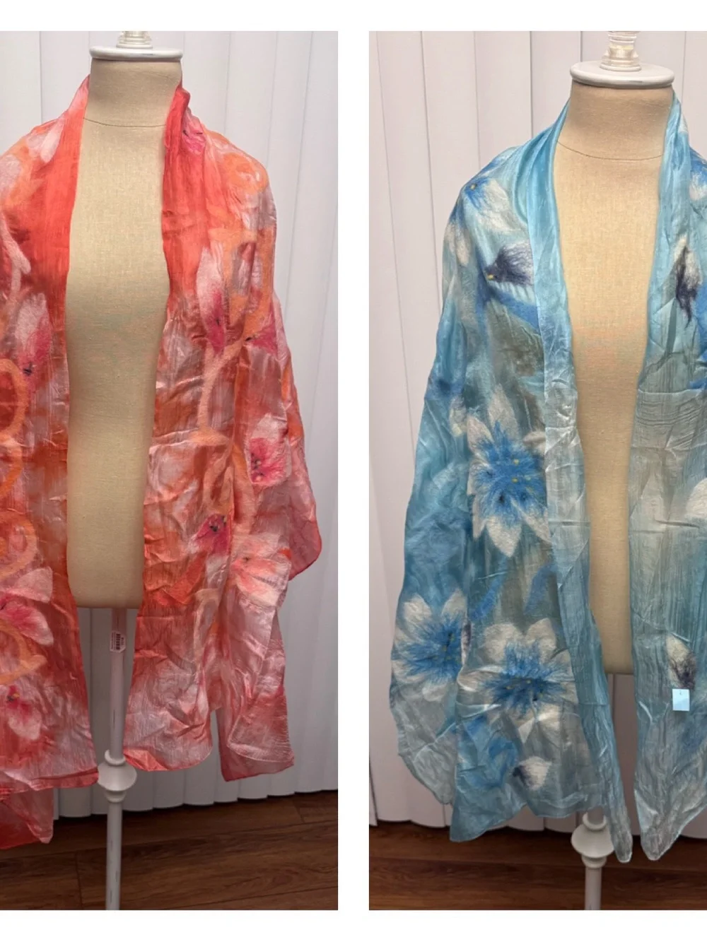 Pair of Floral Lightweight Wrap Scarves - orange/pink and Blue